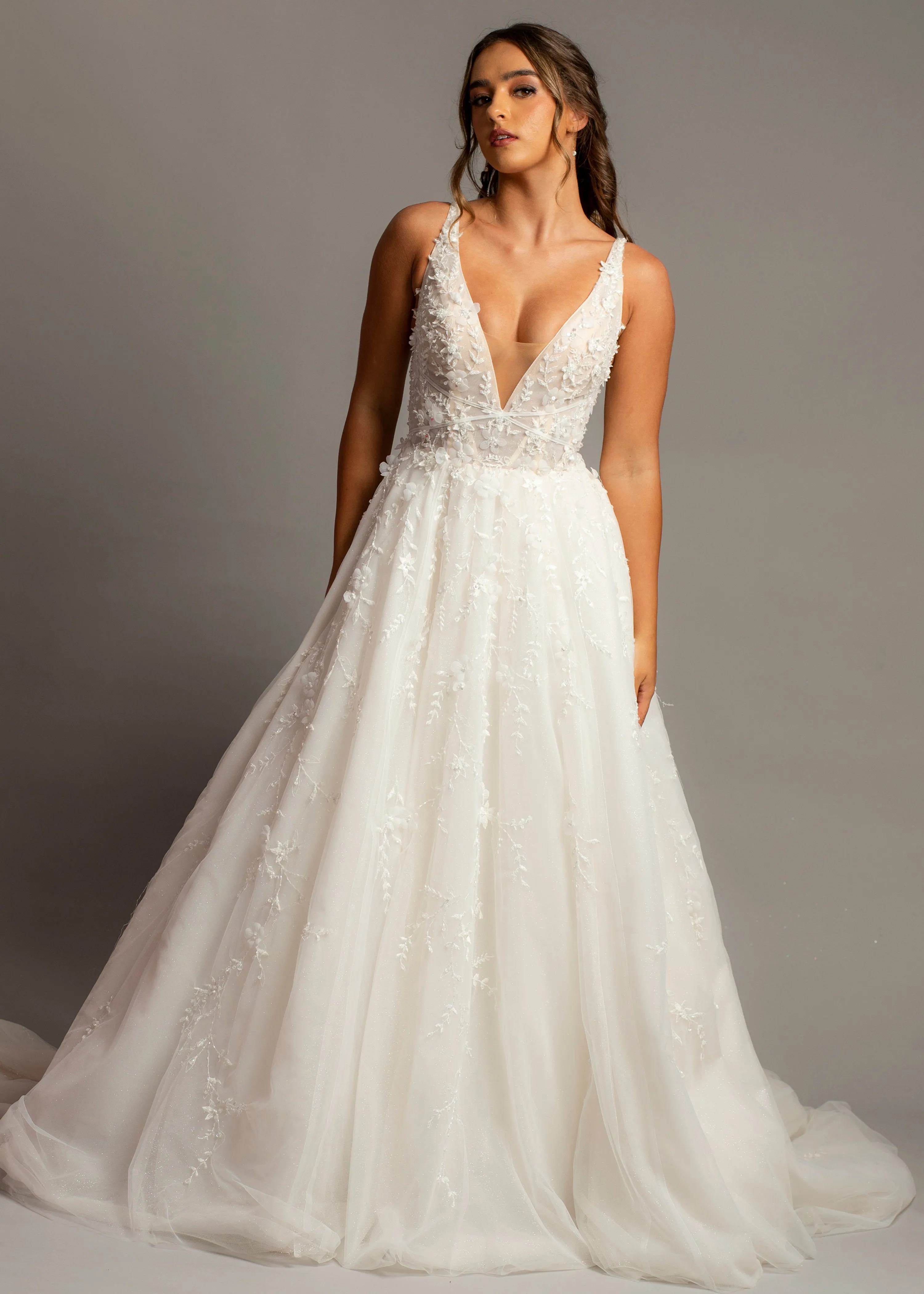 Sparkling white V neck wedding dress with open back