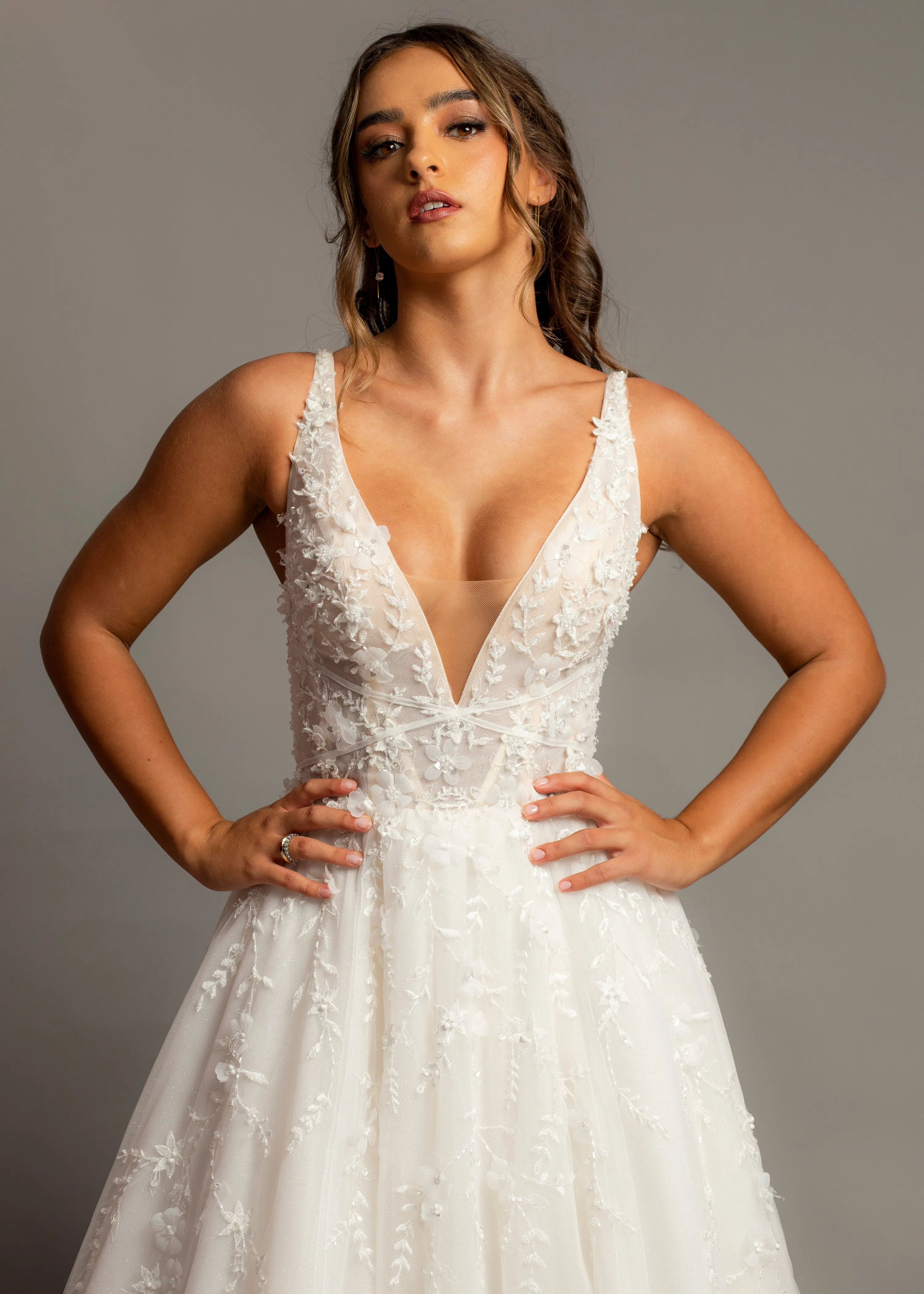 Sparkling white V neck wedding dress with open back