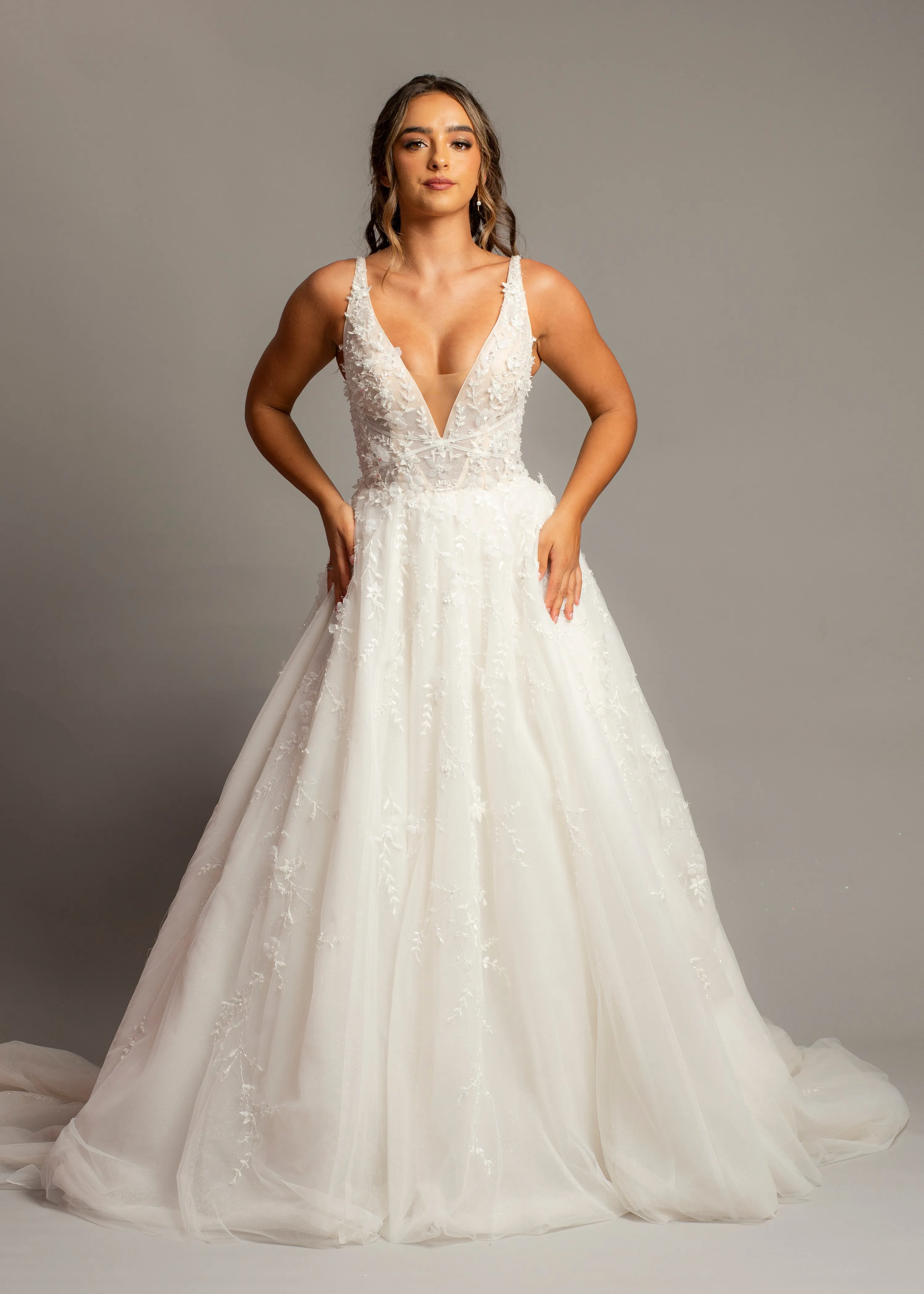 Sparkling white V neck wedding dress with open back