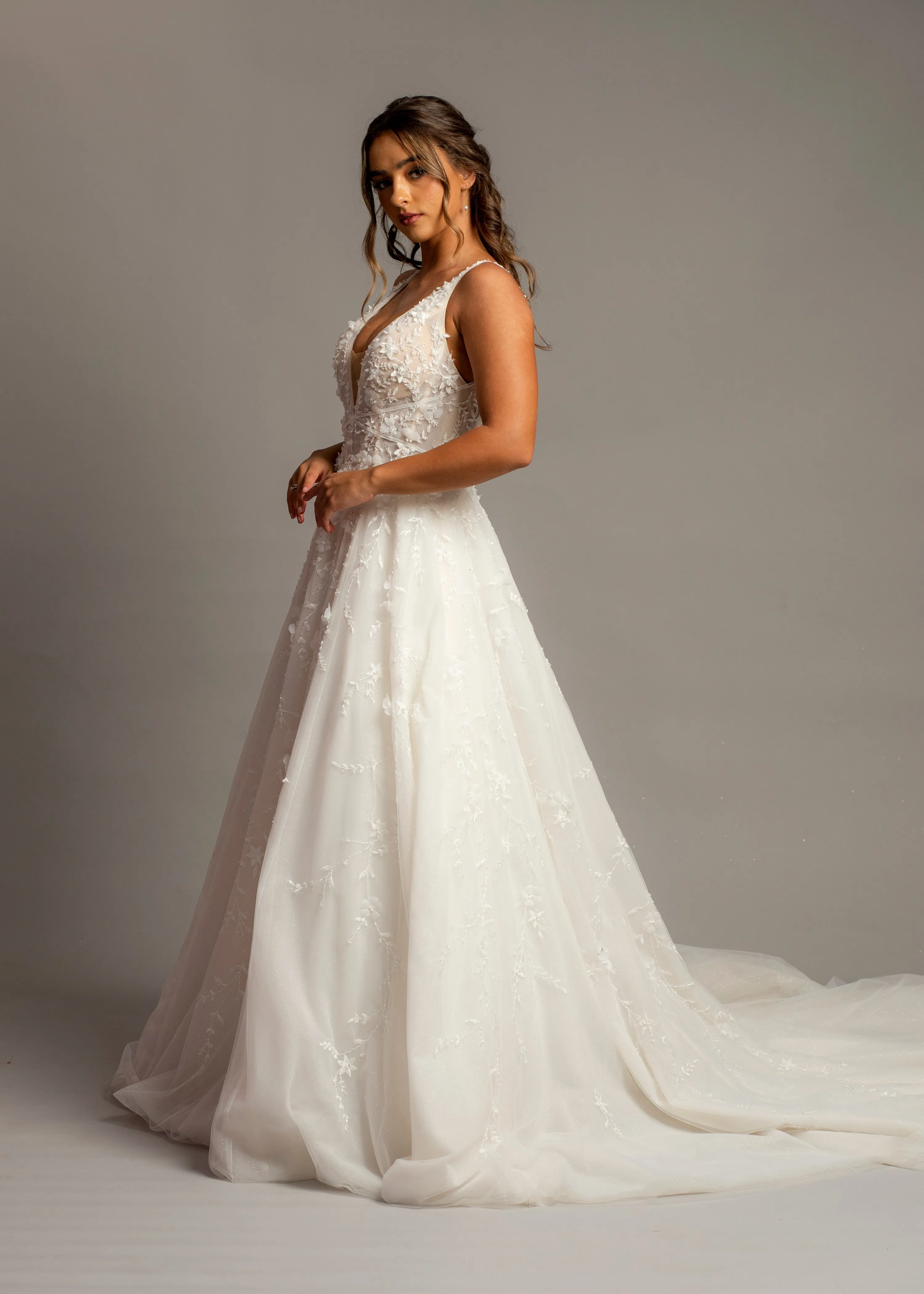 Sparkling white V neck wedding dress with open back