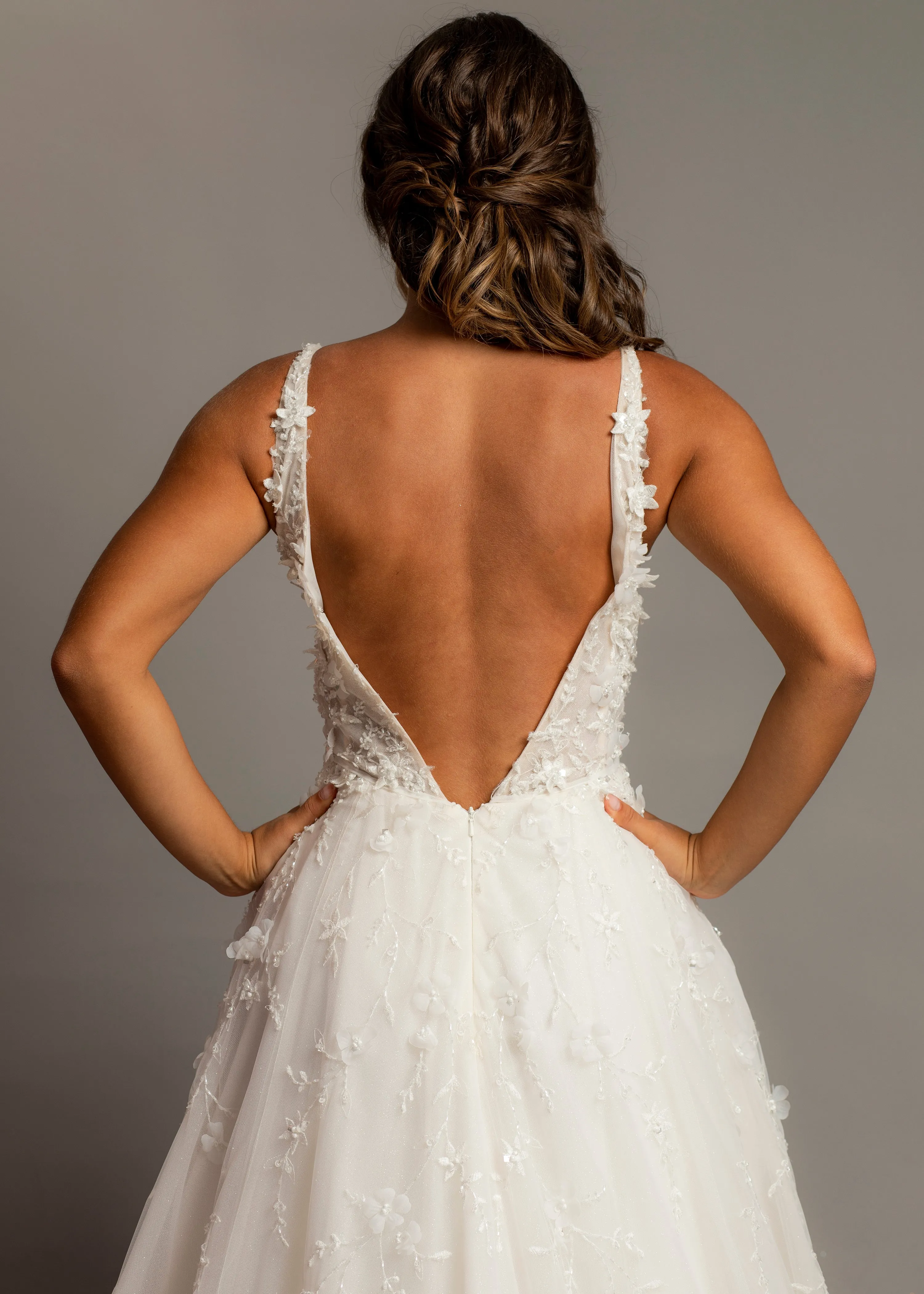 Sparkling white V neck wedding dress with open back