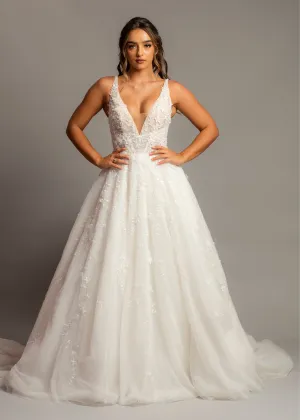 Sparkling white V neck wedding dress with open back