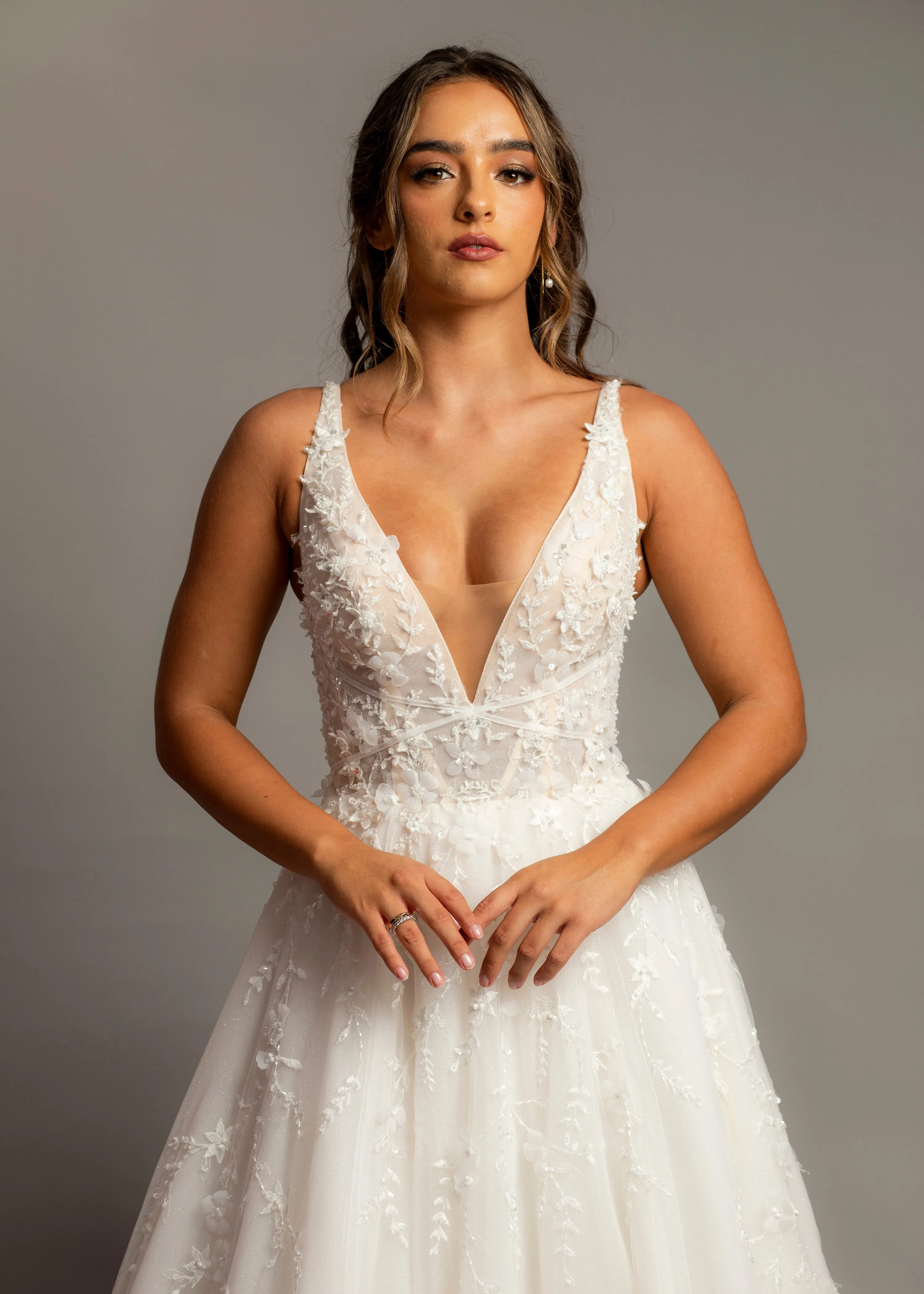 Sparkling white V neck wedding dress with open back