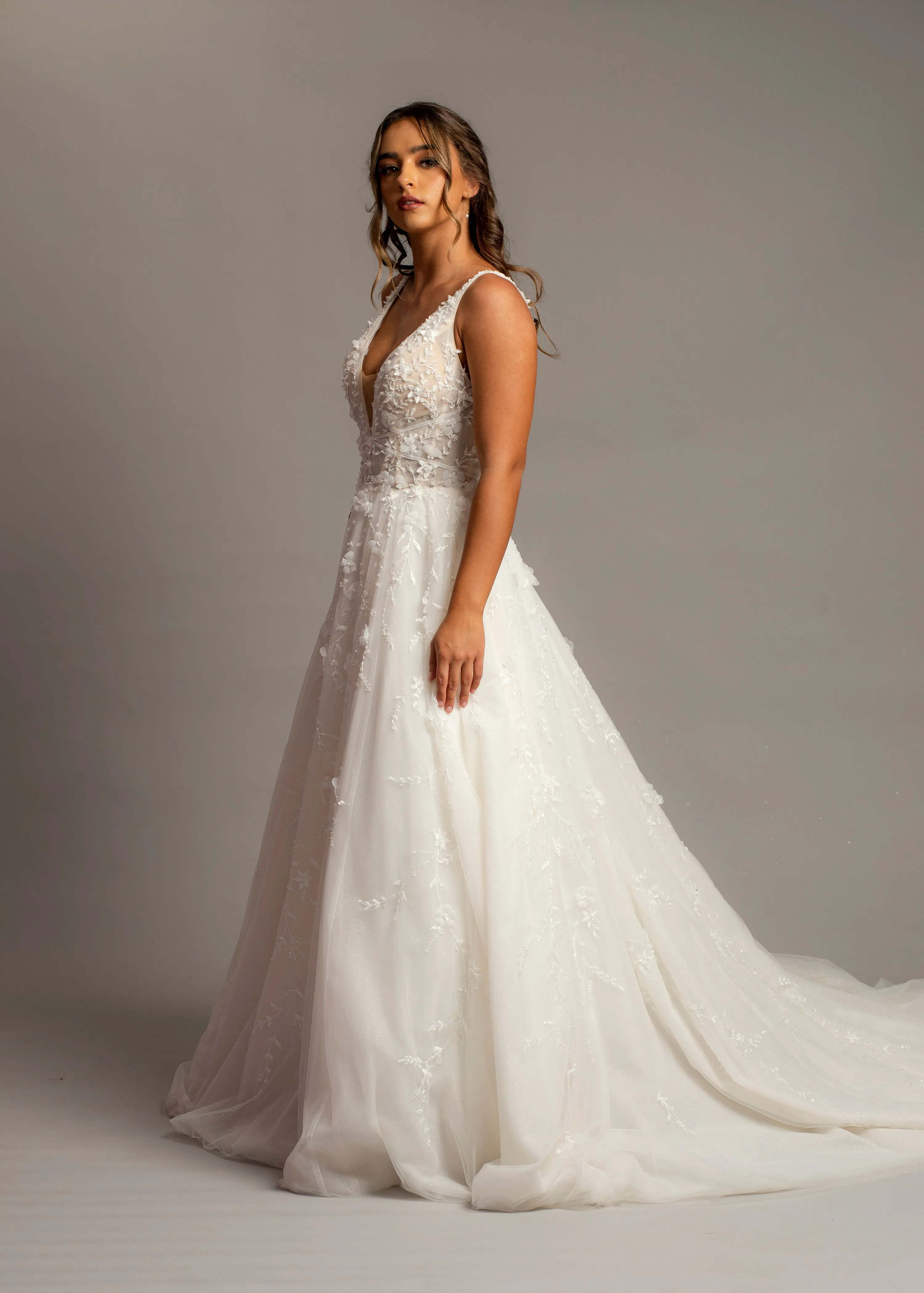 Sparkling white V neck wedding dress with open back