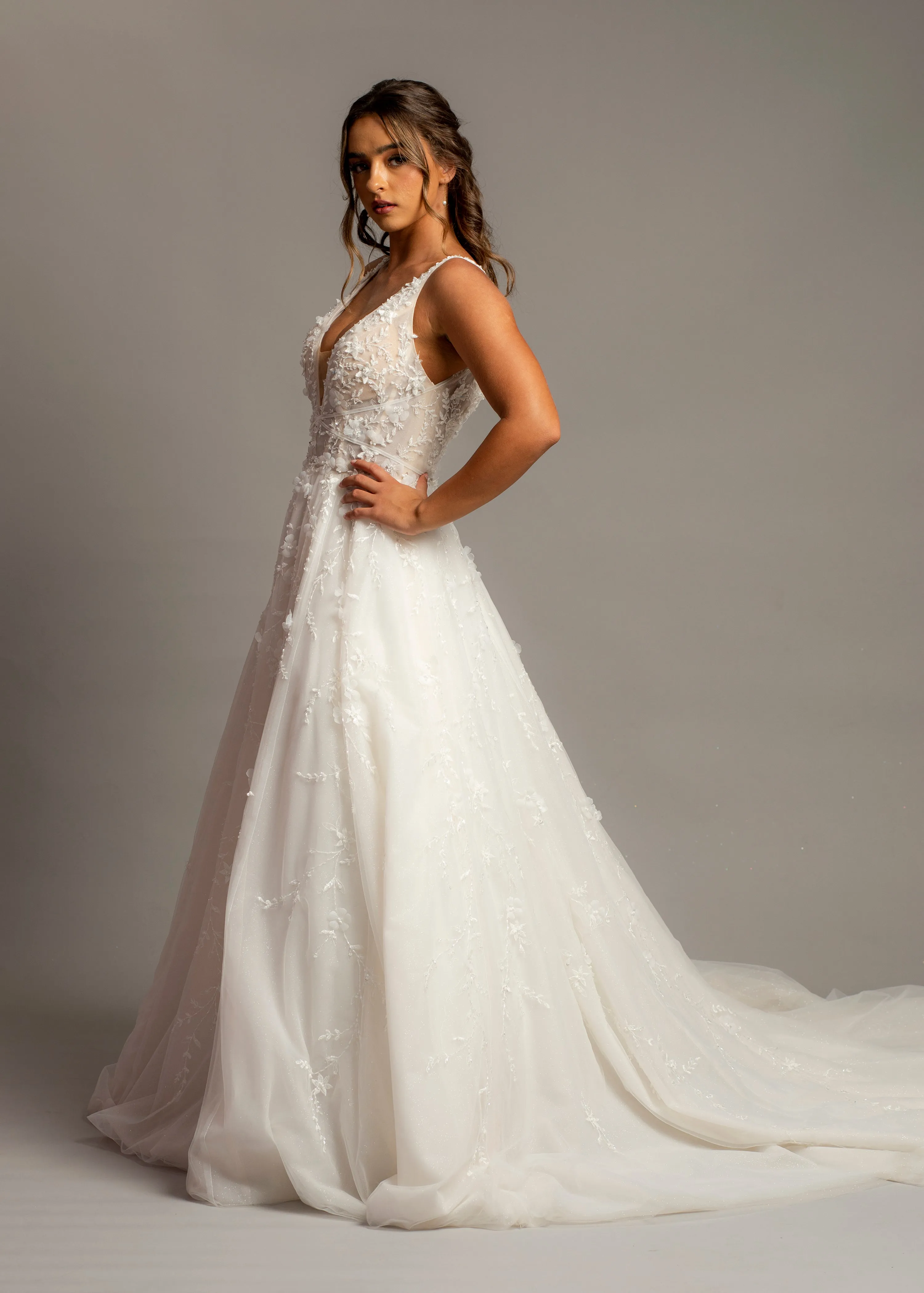 Sparkling white V neck wedding dress with open back