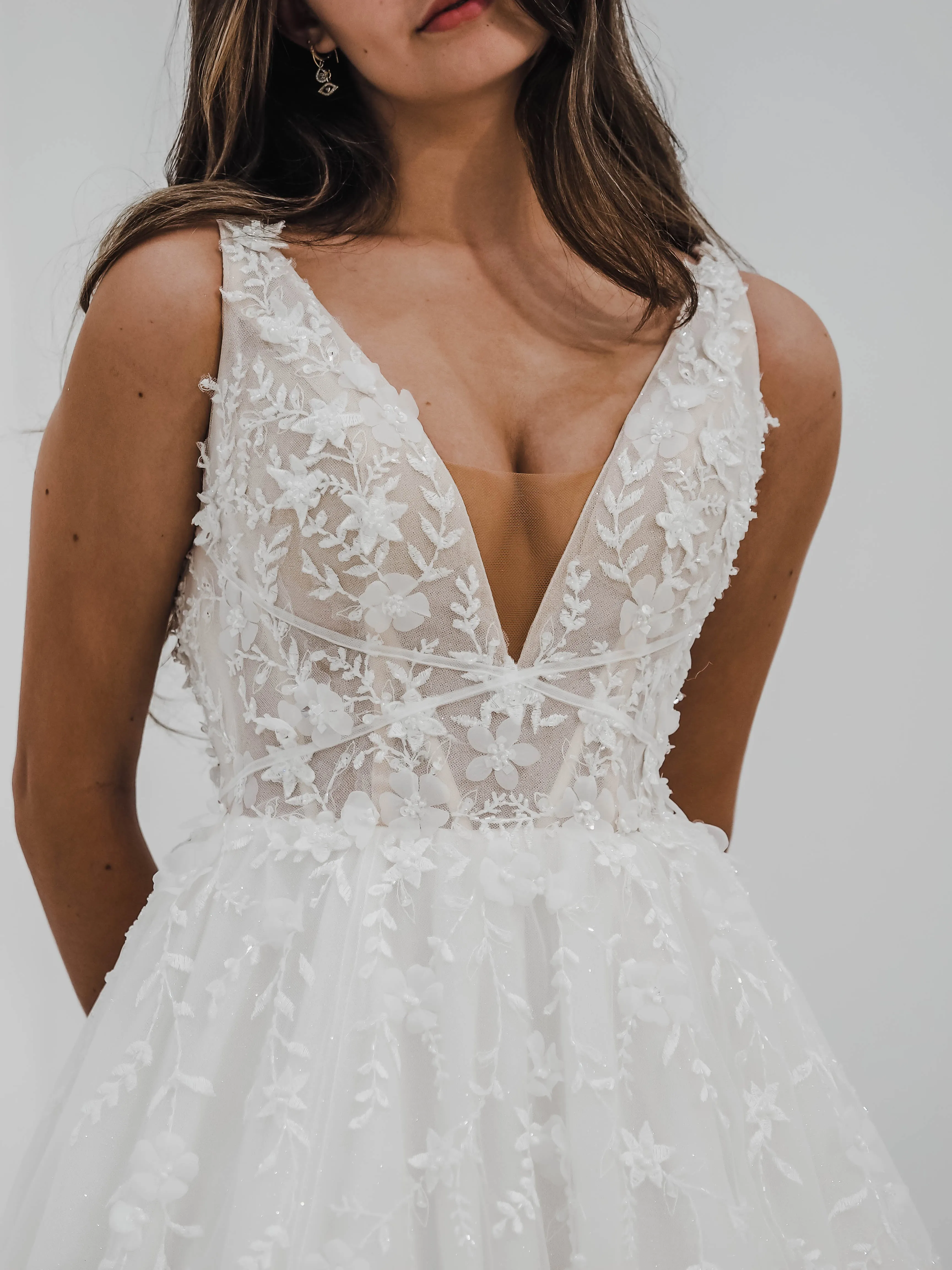 Sparkling white V neck wedding dress with open back