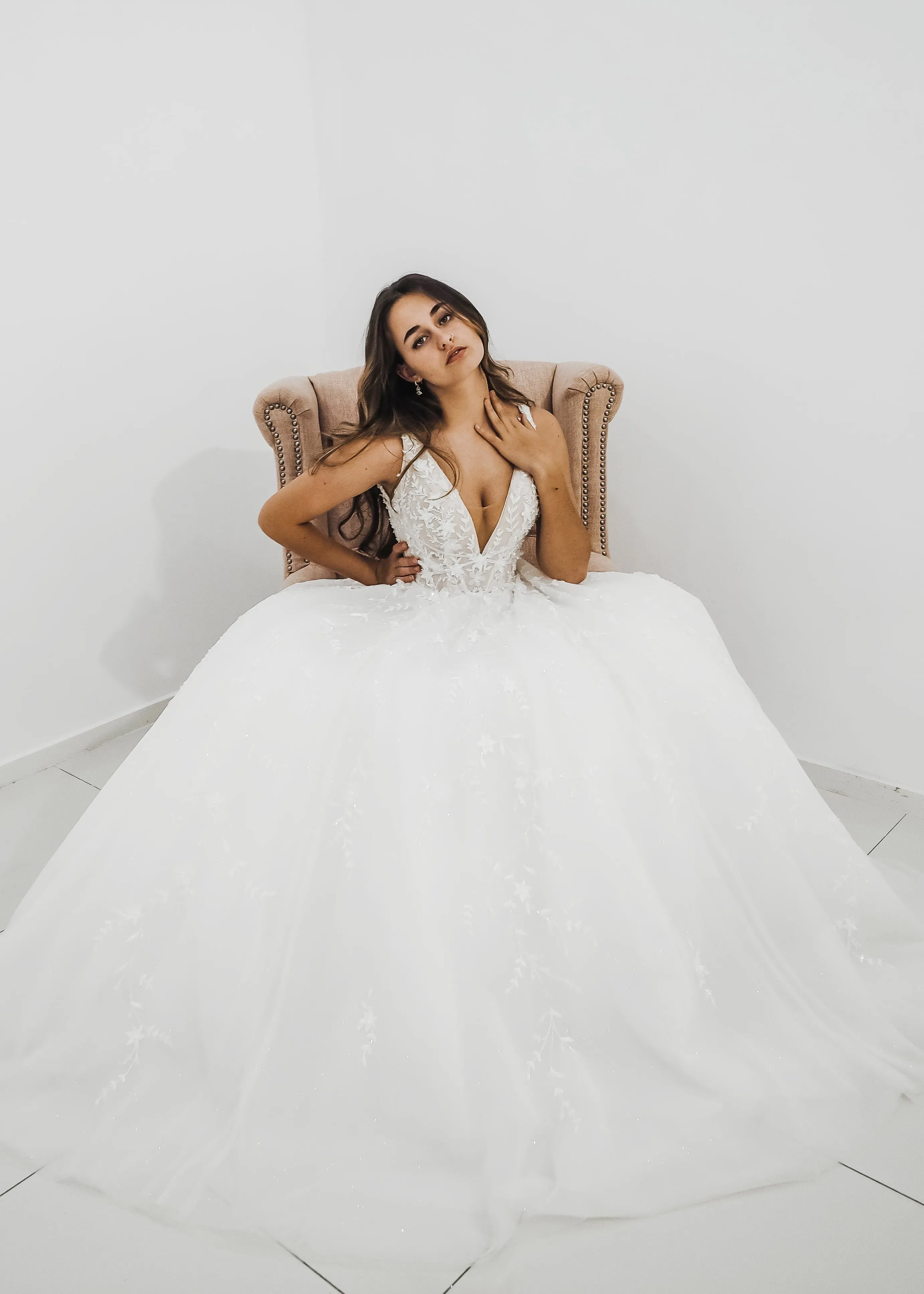 Sparkling white V neck wedding dress with open back