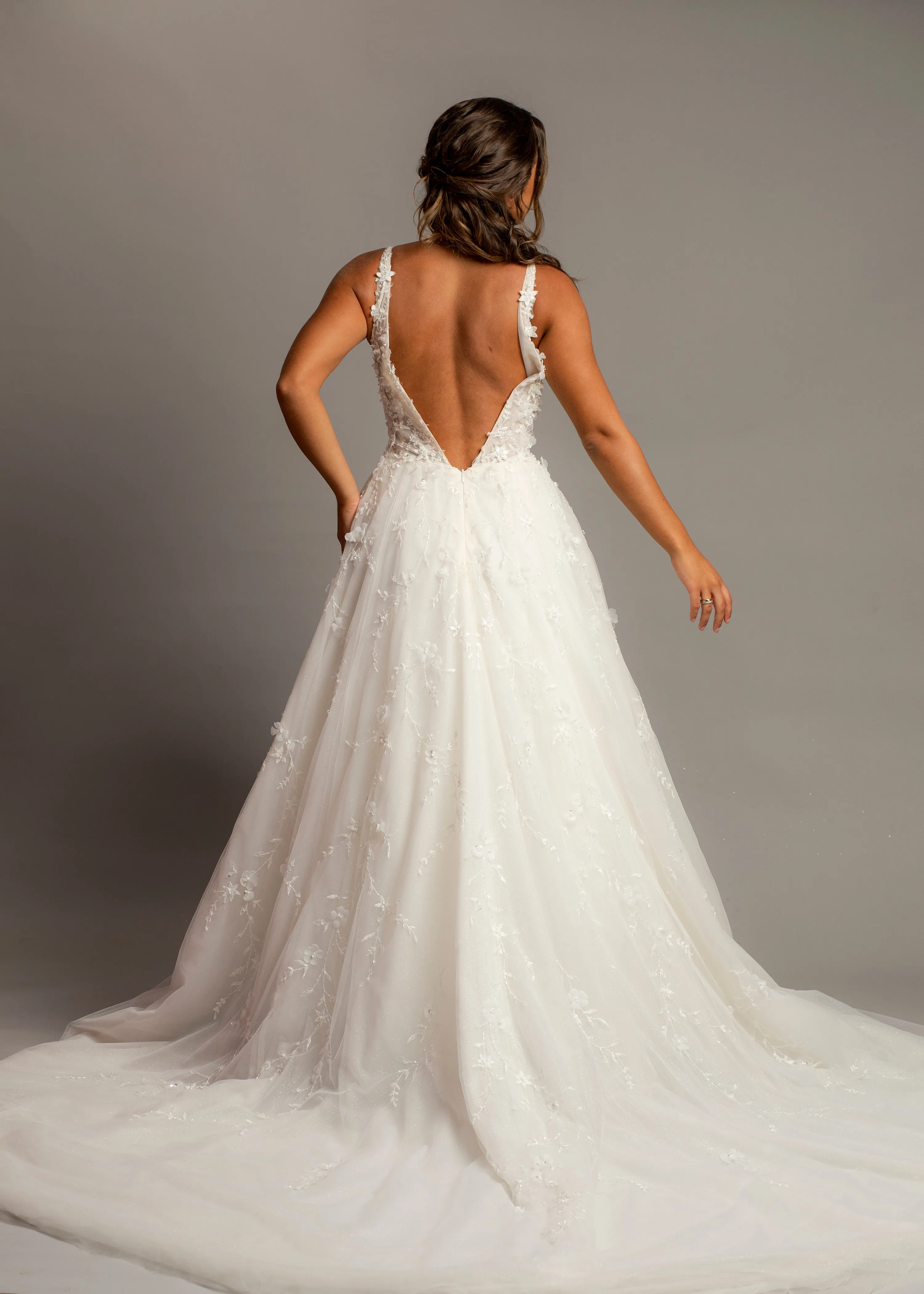 Sparkling white V neck wedding dress with open back