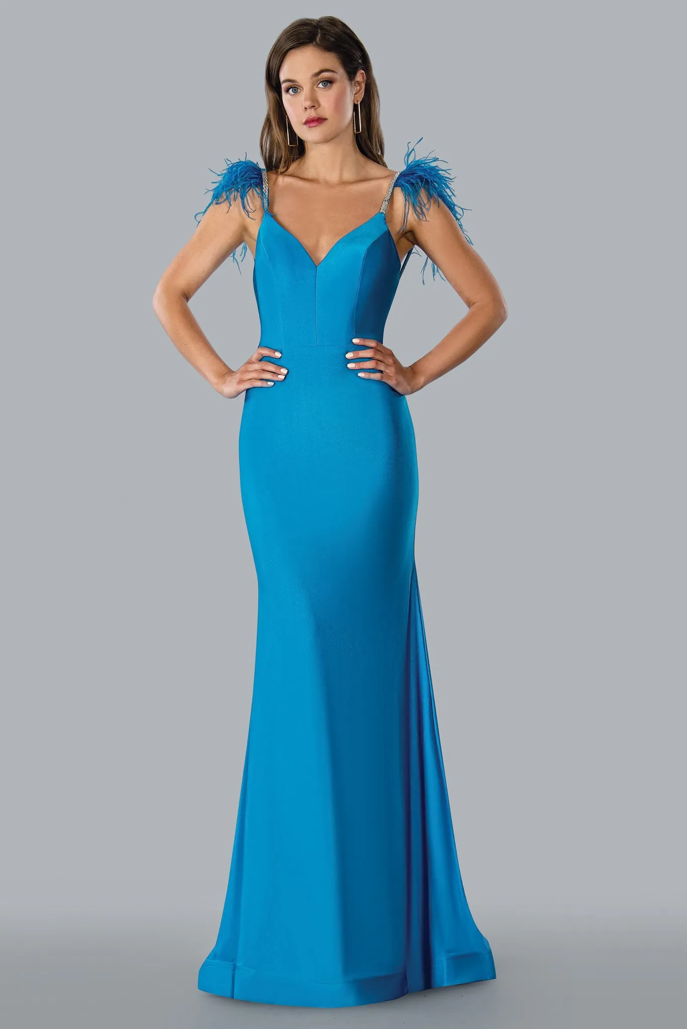 Stella Couture 23125 Long Fitted Crystal Feather Strap Prom Dress Backless Formal Gown