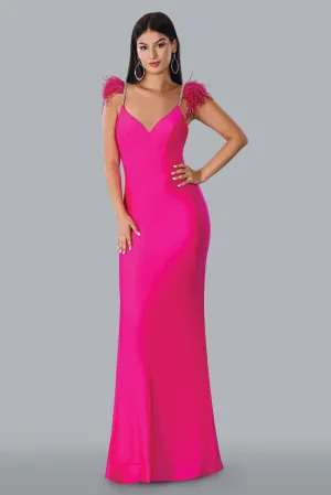 Stella Couture 23125 Long Fitted Crystal Feather Strap Prom Dress Backless Formal Gown