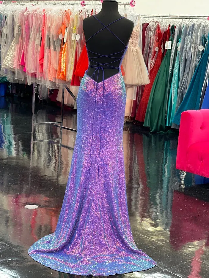 Stella Couture 23141 Long Fitted Sequin Backless Corset Prom Dress Slit Formal Gown