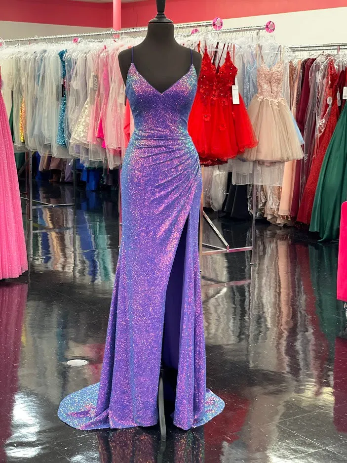Stella Couture 23141 Long Fitted Sequin Backless Corset Prom Dress Slit Formal Gown