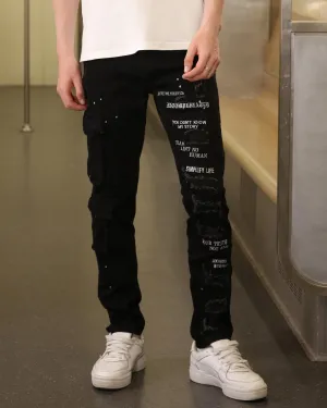 Straight Leg Black Ripped Jeans with Spray Paint Detailing