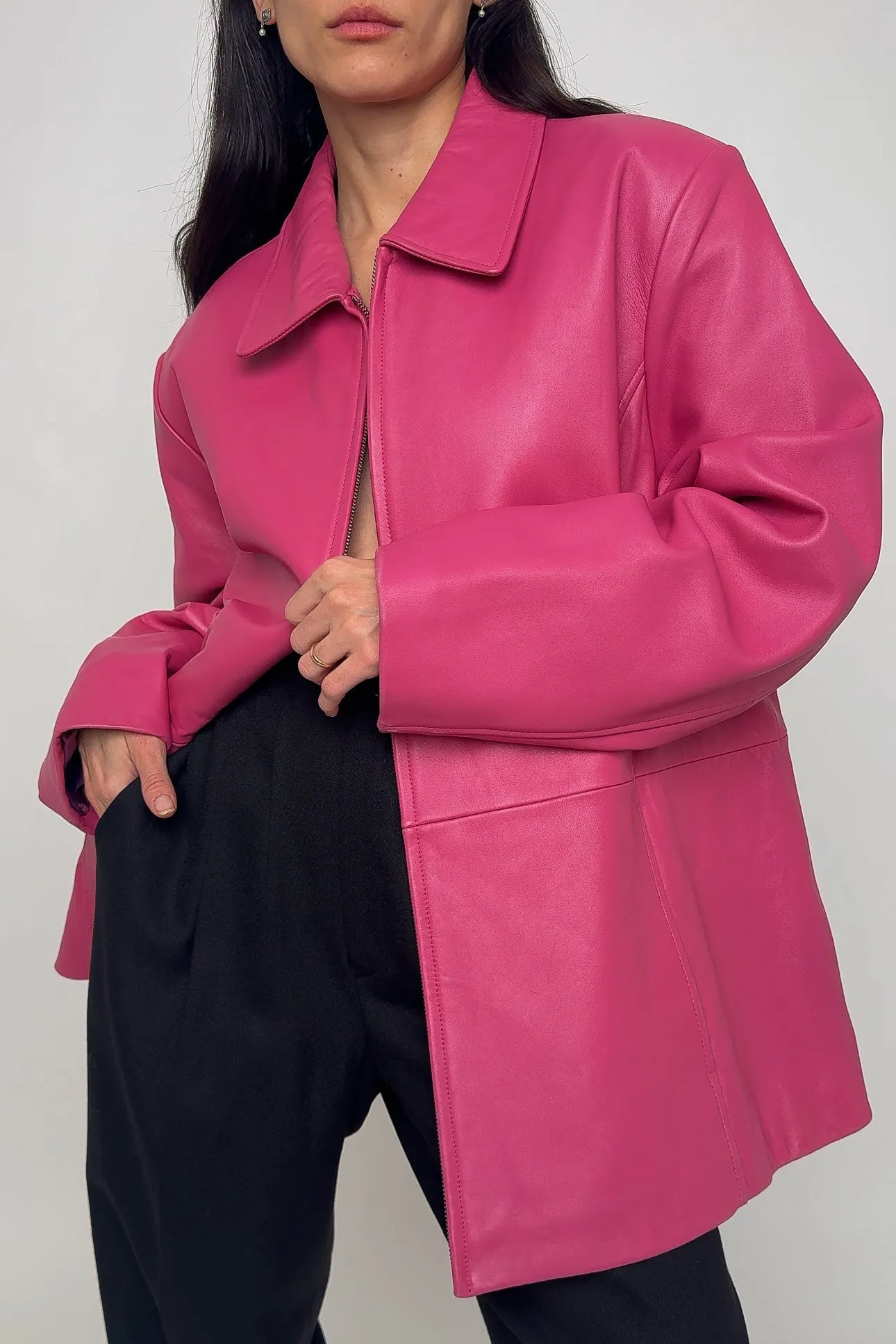 Vintage 90s Hot Pink Leather Zip-Up Jacket