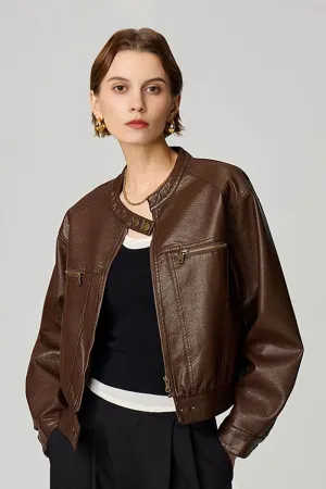 Vintage Cropped Faux Leather Bomber Jacket