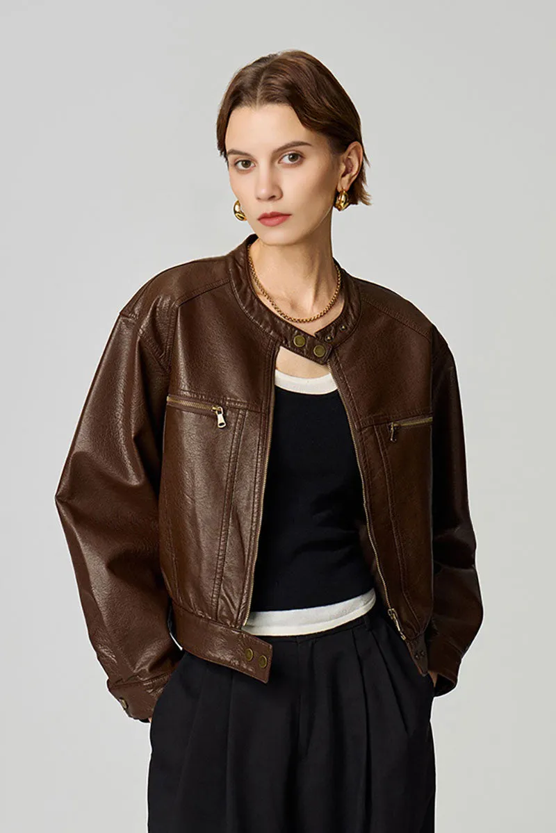 Vintage Cropped Faux Leather Bomber Jacket