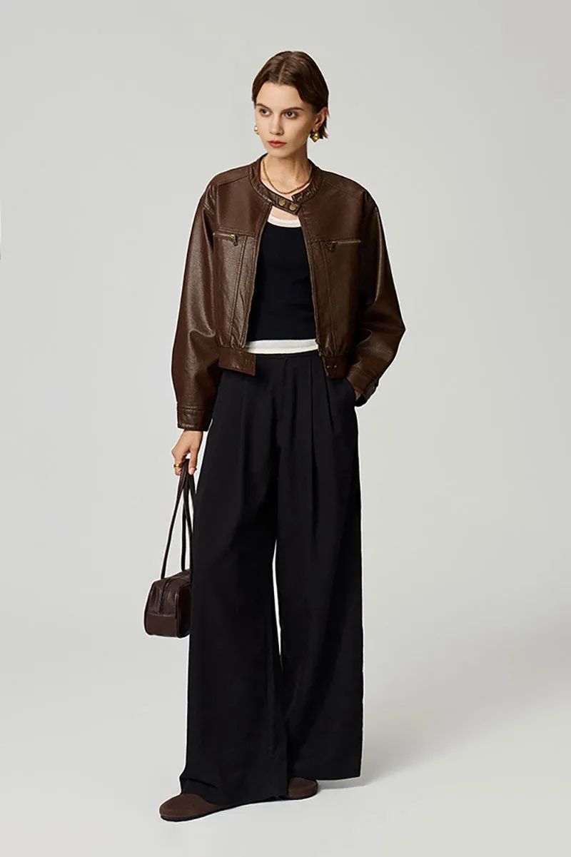 Vintage Cropped Faux Leather Bomber Jacket