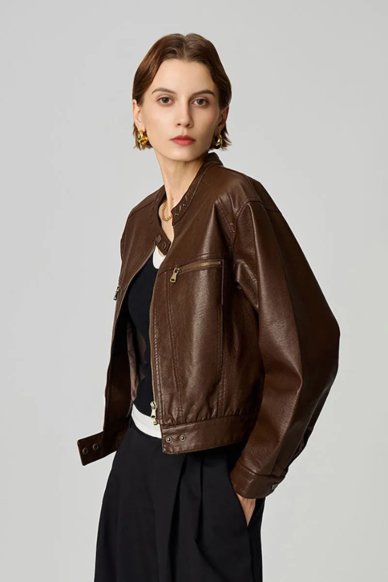 Vintage Cropped Faux Leather Bomber Jacket