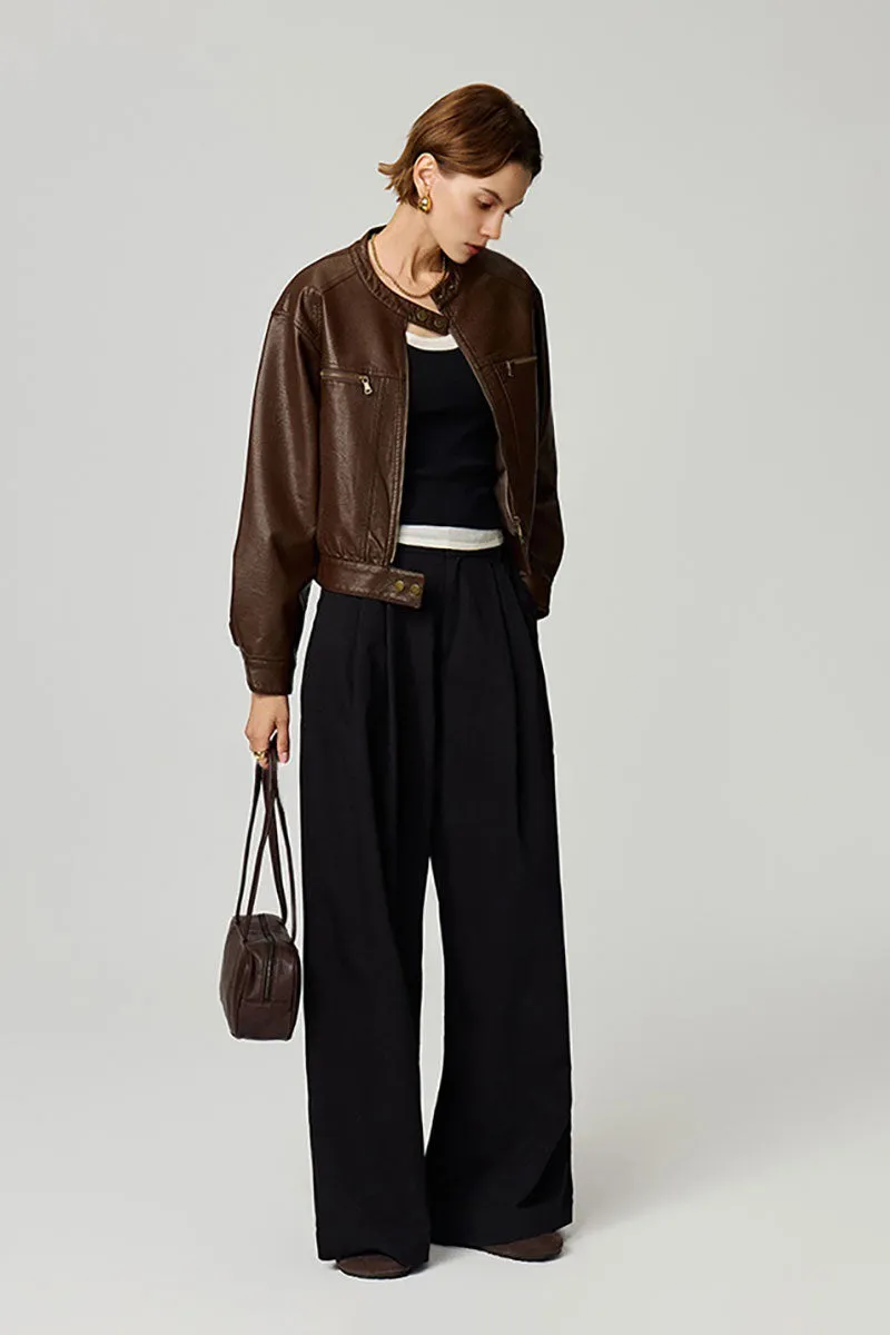 Vintage Cropped Faux Leather Bomber Jacket