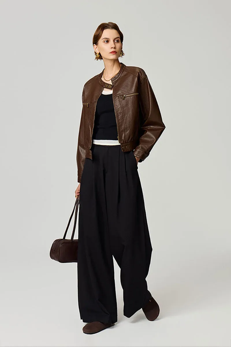 Vintage Cropped Faux Leather Bomber Jacket