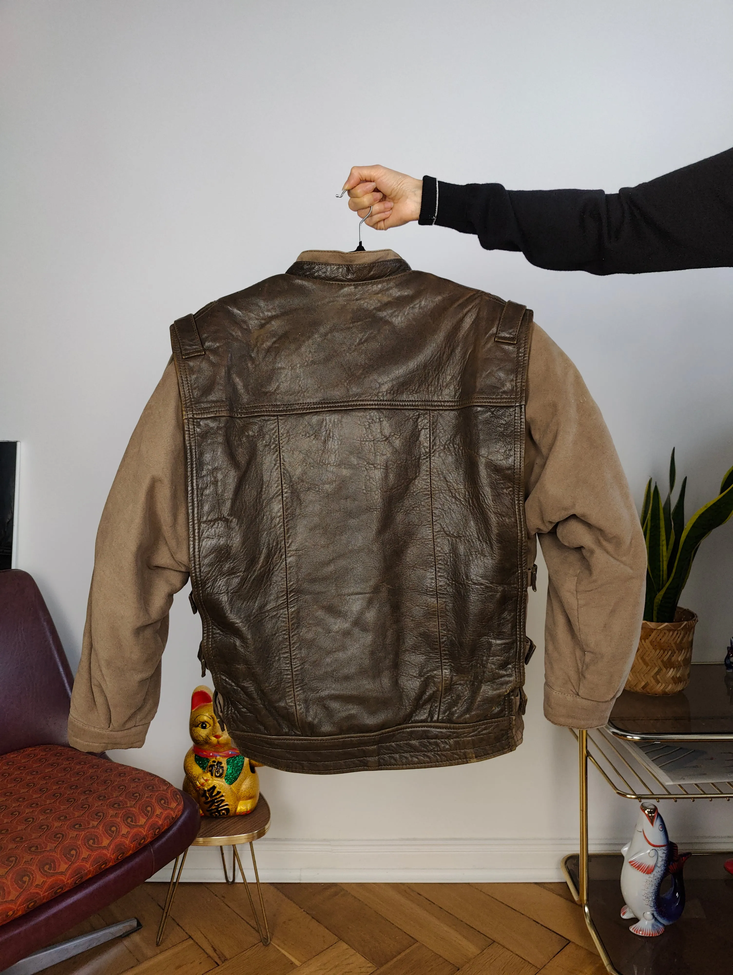 Vintage leather aviator bomber jacket brown beige S