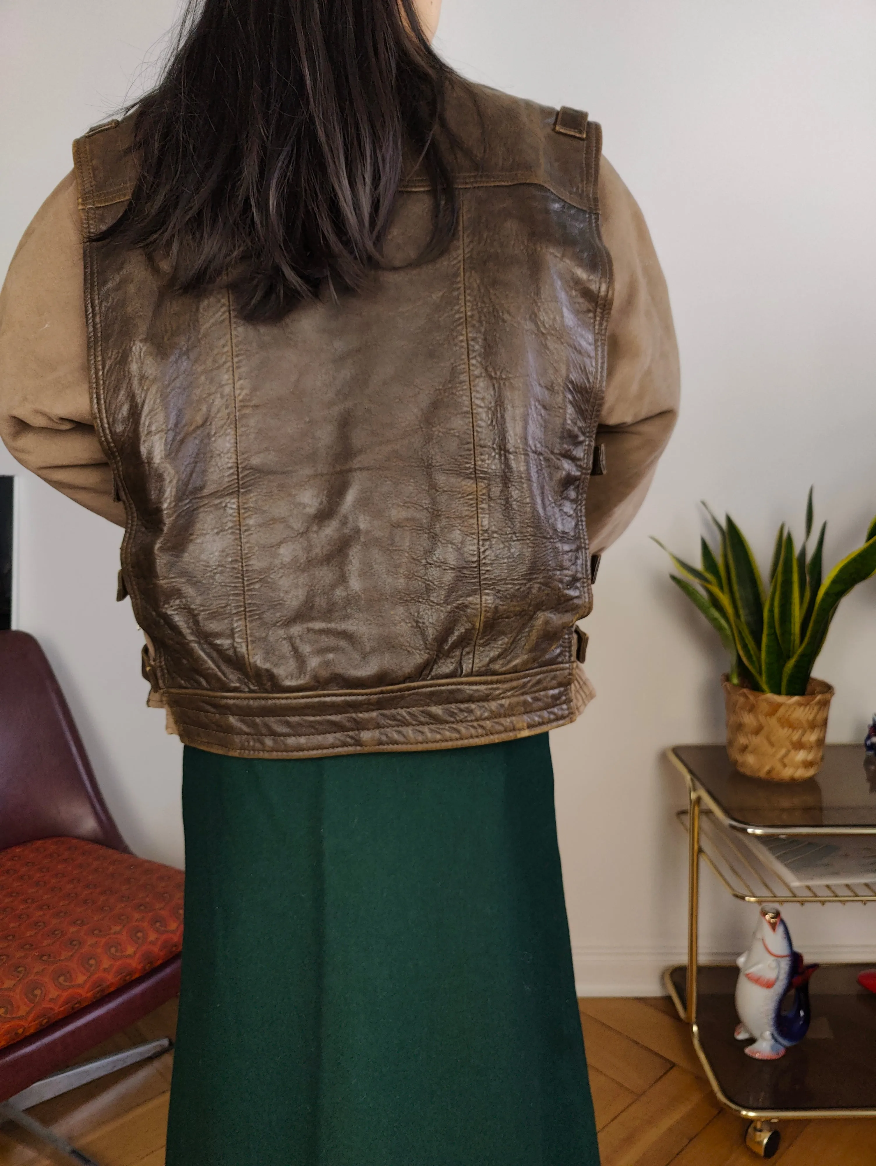 Vintage leather aviator bomber jacket brown beige S