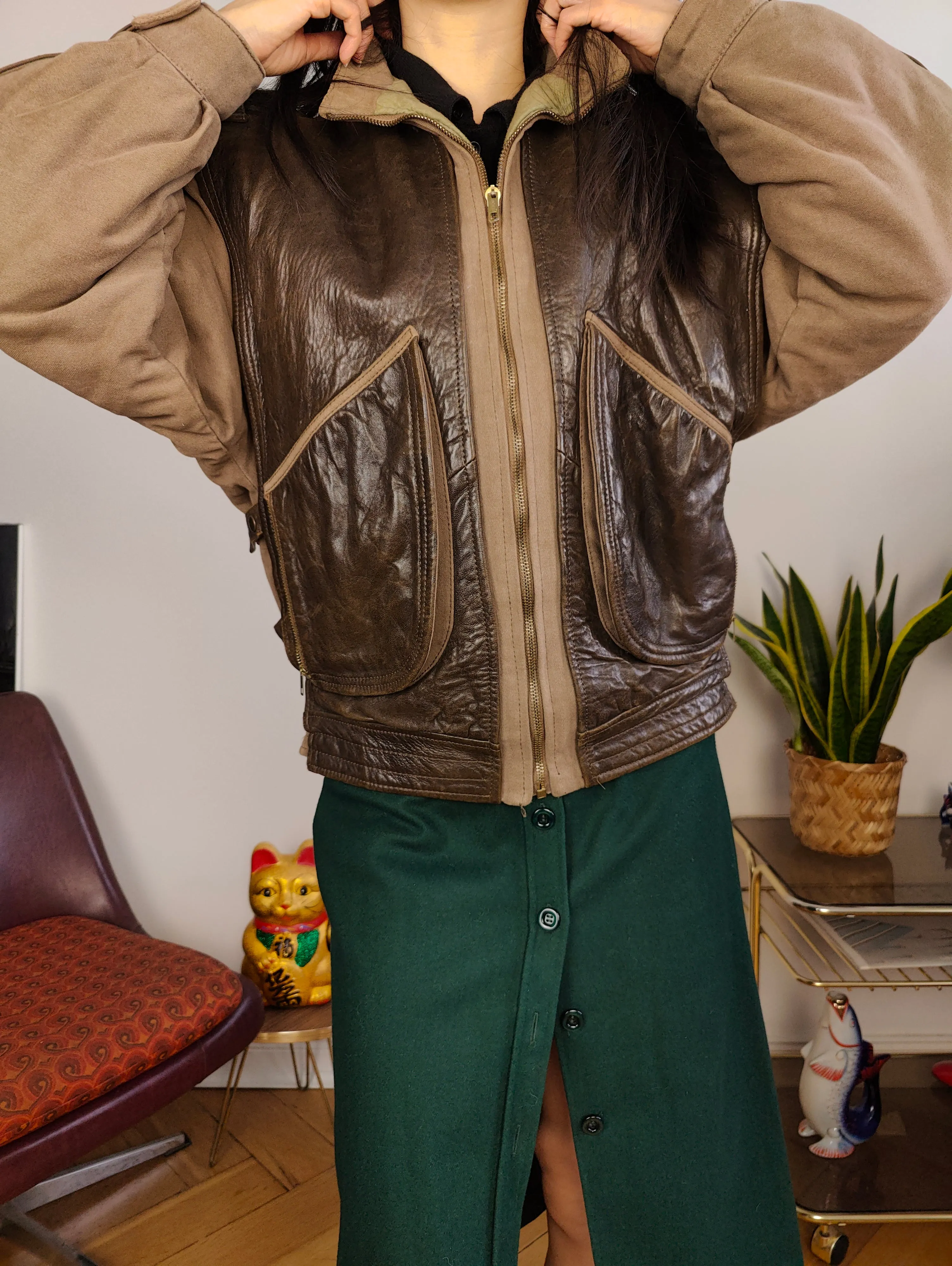 Vintage leather aviator bomber jacket brown beige S