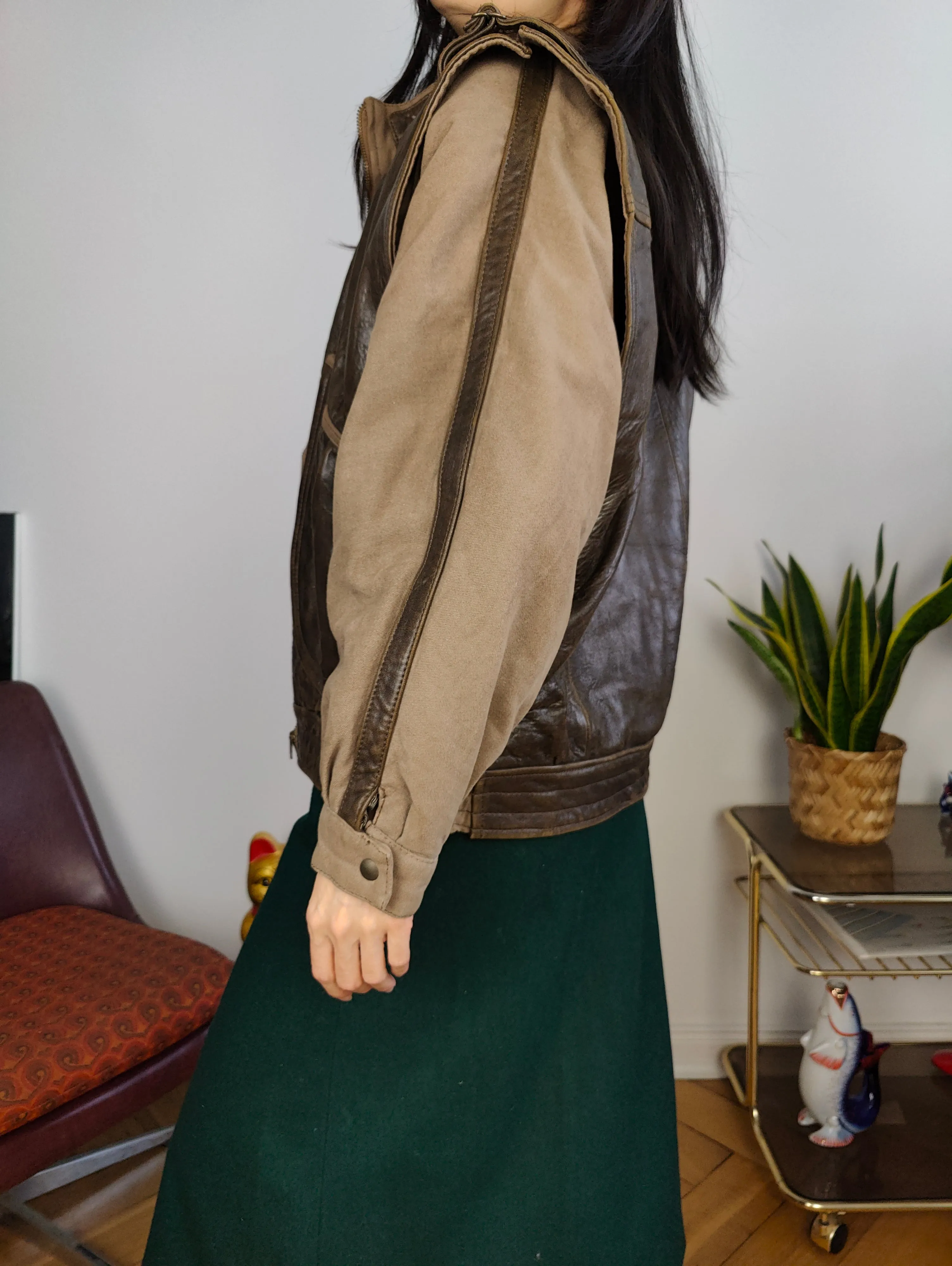 Vintage leather aviator bomber jacket brown beige S