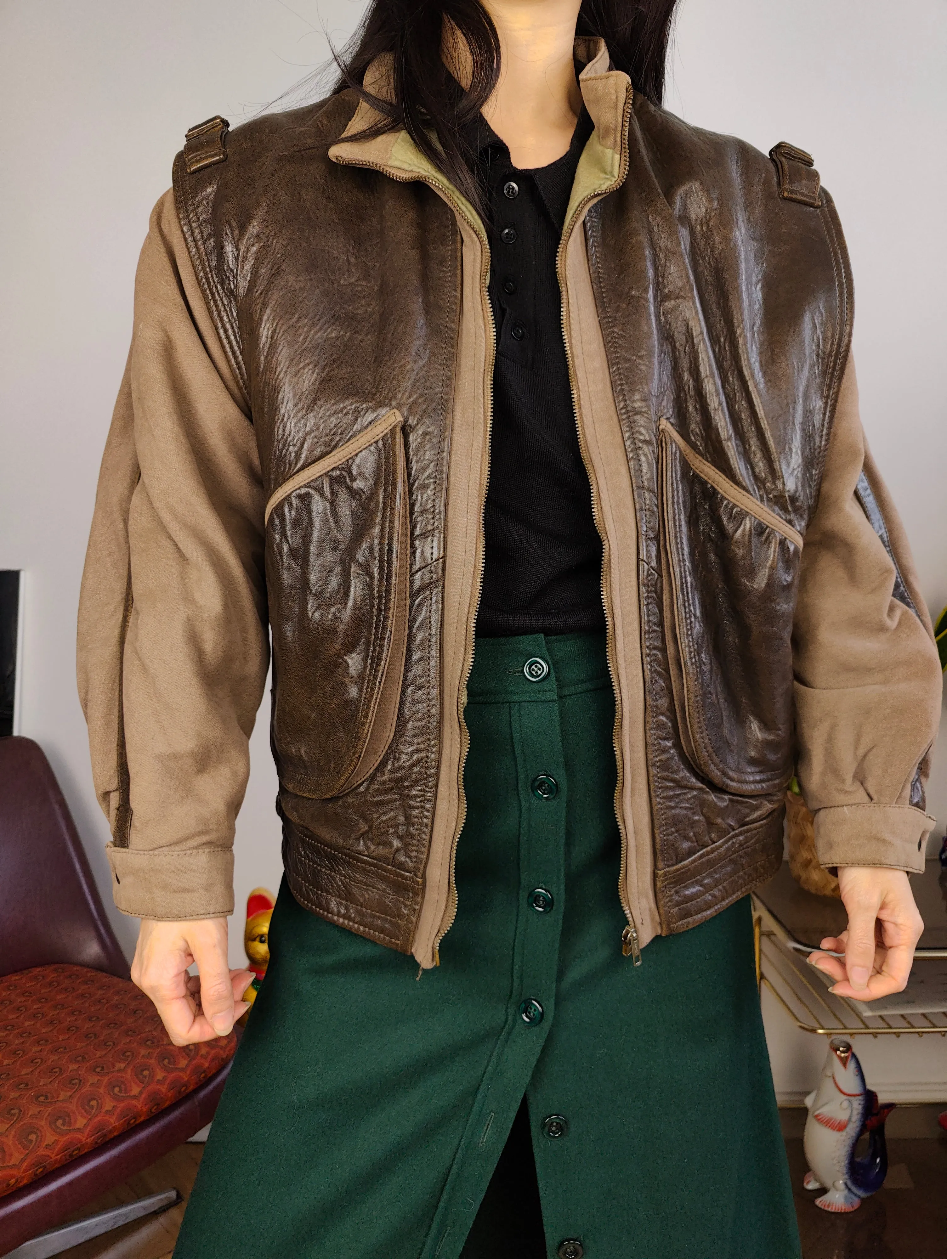Vintage leather aviator bomber jacket brown beige S