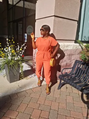 Willow Linen Split mock neck Jumpsuit with wide leg Long Pants Romper| Orange