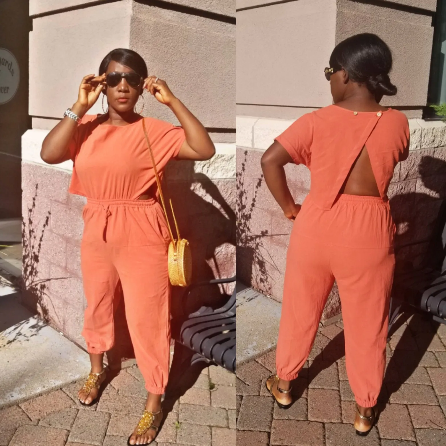Willow Linen Split mock neck Jumpsuit with wide leg Long Pants Romper| Orange