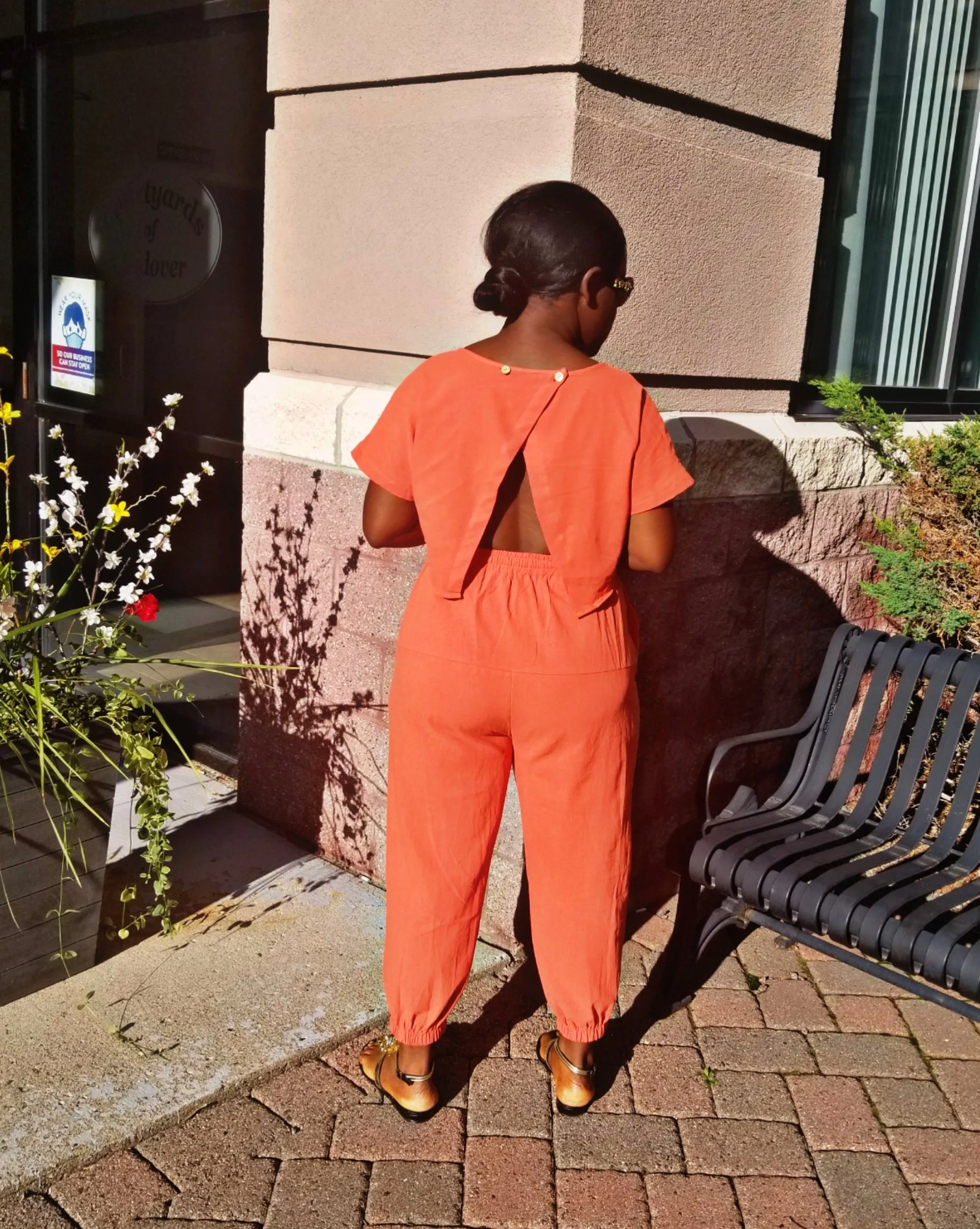 Willow Linen Split mock neck Jumpsuit with wide leg Long Pants Romper| Orange