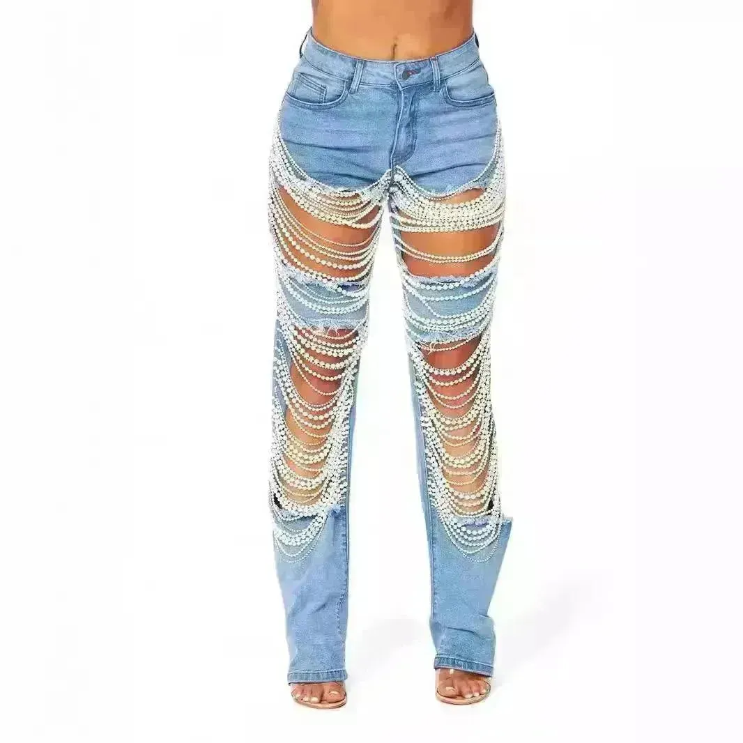 Women Creative Casual Ripped Denim Jeans  Straight Leg Pant Trouser