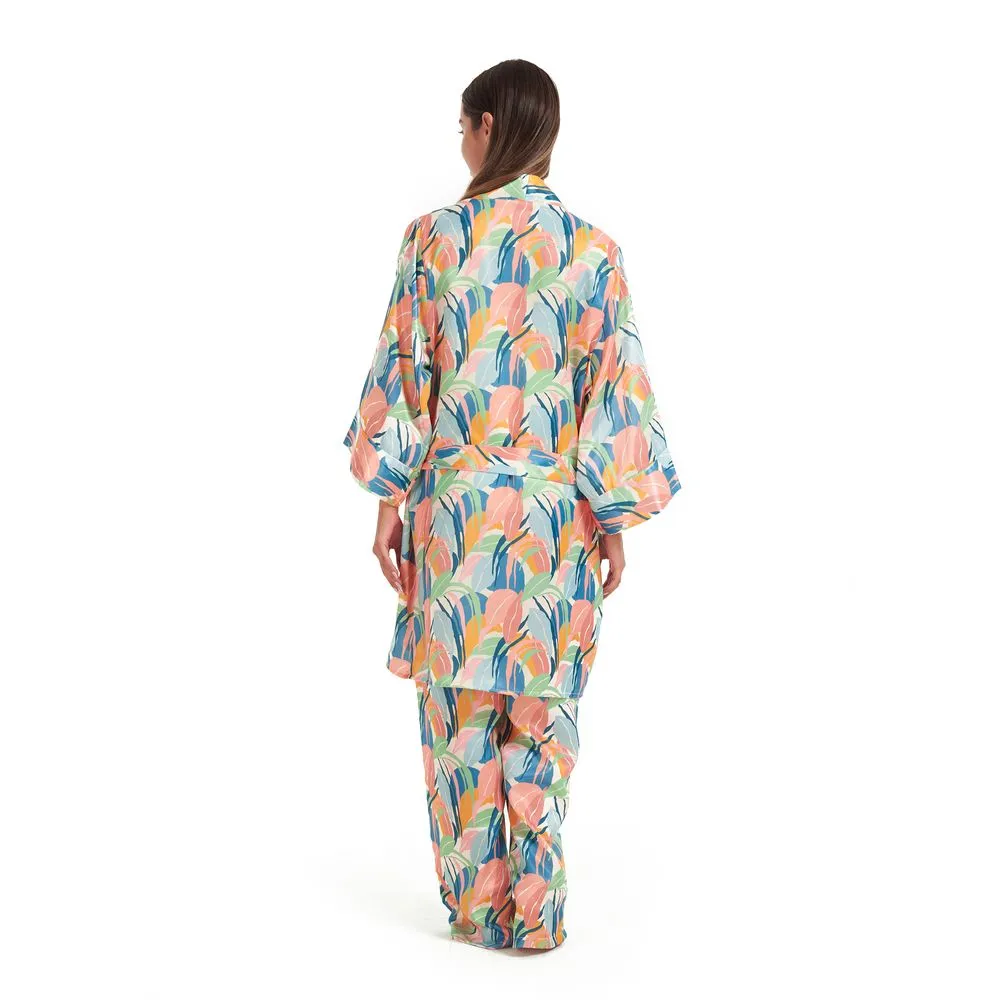 Women satin summer 3 piece pajama set  Beige Top  Orange x Green leaves kimono & Pants