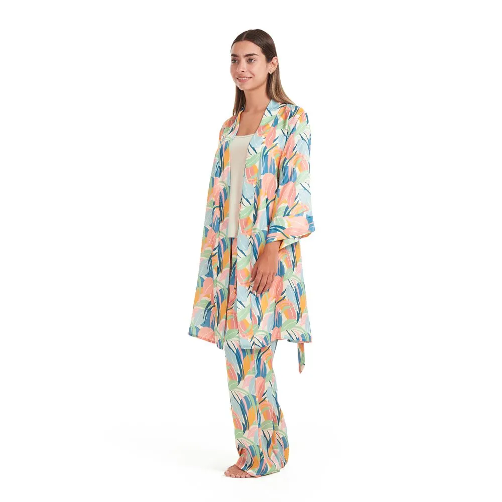 Women satin summer 3 piece pajama set  Beige Top  Orange x Green leaves kimono & Pants