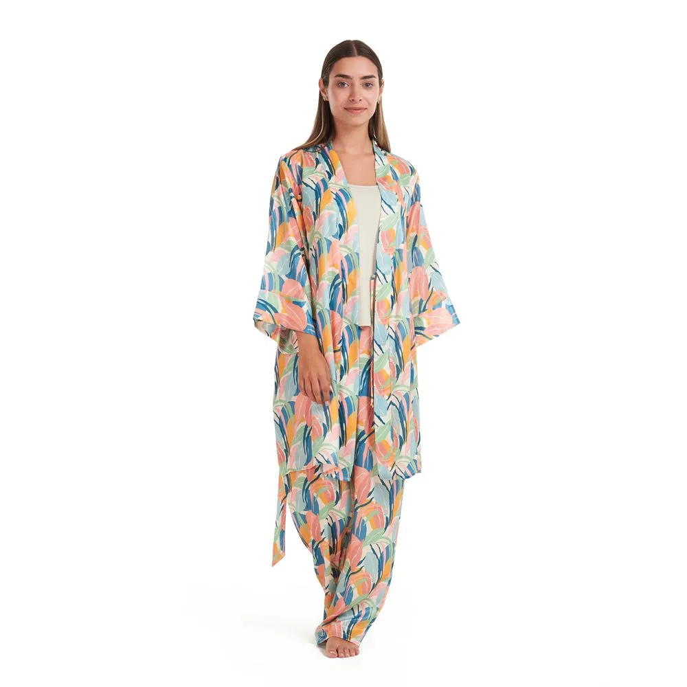 Women satin summer 3 piece pajama set  Beige Top  Orange x Green leaves kimono & Pants
