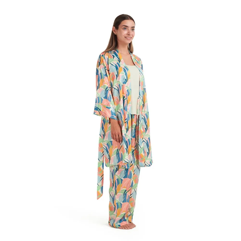 Women satin summer 3 piece pajama set  Beige Top  Orange x Green leaves kimono & Pants