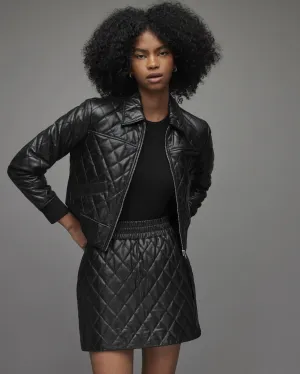 Women's Black Quilted Leather Bomber Jacket